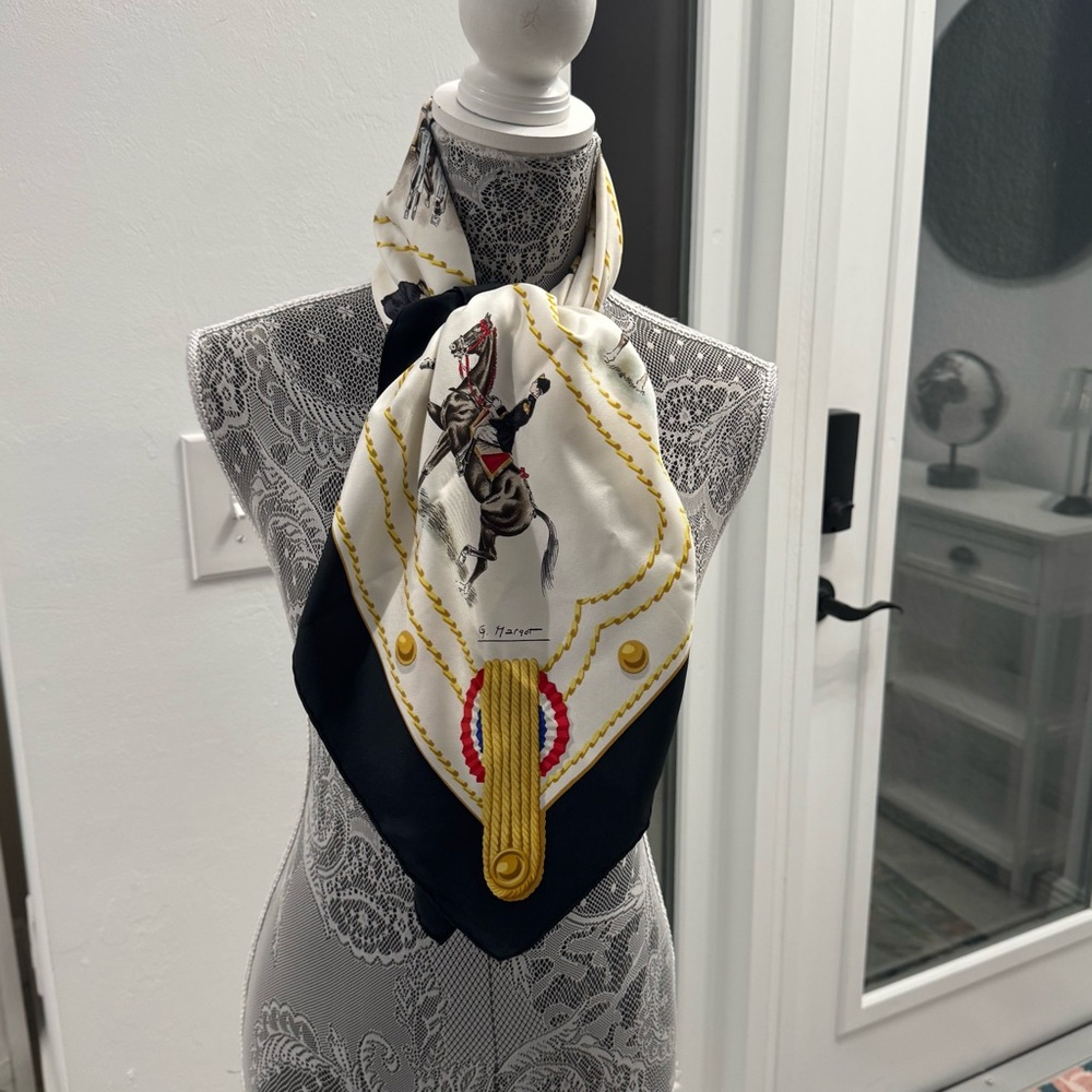Hermes Scarf with White, Brown, and Gold Accents - Picture 12 of 16